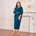Elegant Plus Size Belted Midi Dress - Navy Blue Wrap Dress With Button/Flounce Details (XL-5XL)_voghion.com