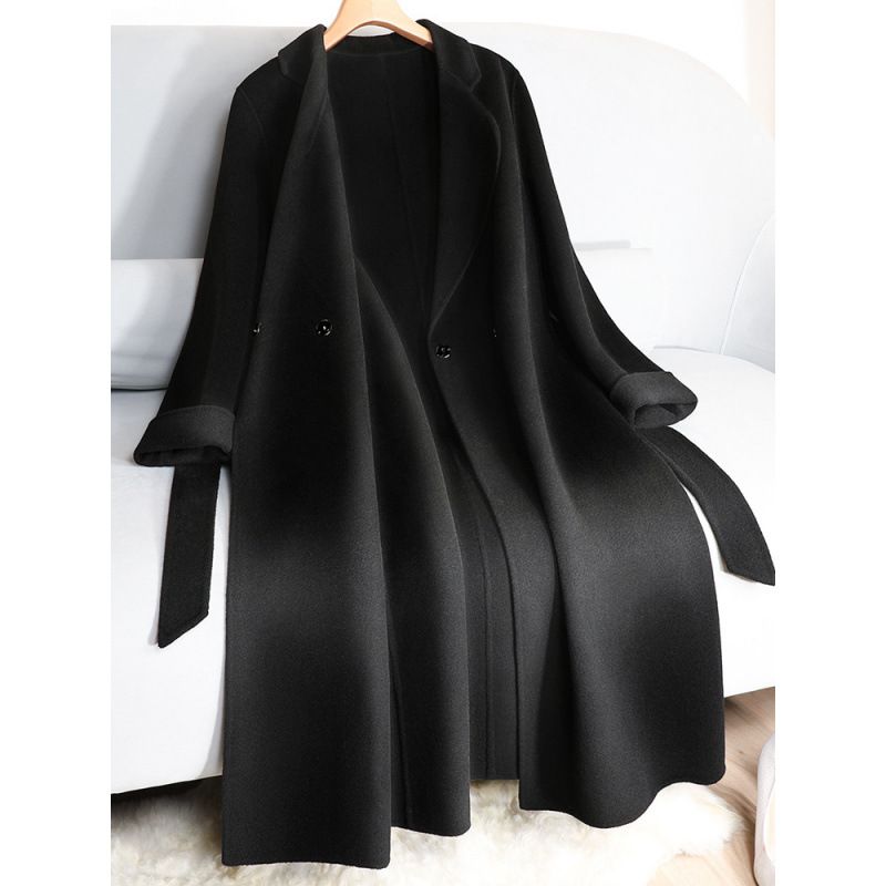 Women's Oversized Trench Coat With Belt, Alpaca Wool Blend Long Coat For Work & Casual, Korean-Japanese Style Loose Fit Duster (Black)_voghion.com