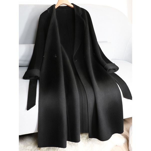 Women's Oversized Trench Coat With Belt, Alpaca Wool Blend Long Coat For Work & Casual, Korean-Japanese Style Loose Fit Duster (Black)_voghion.com