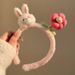 Bonita diadema de peluche con forma de conejo rosa y flor para mujer, diadema para lavarse la cara, con clip de corona alta, ideal para otoño e invierno._voghion.com