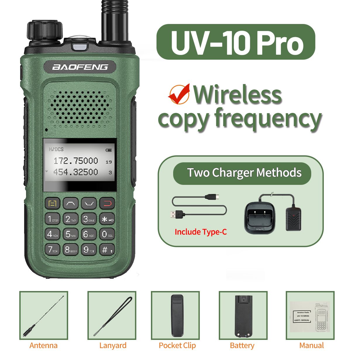Baofeng UV-10R Pro Walkie Talkie Type-C Charger Wireless Copy Frequency VHF UHF Handheld Two Way Radio 999CH For Travel_voghion.com
