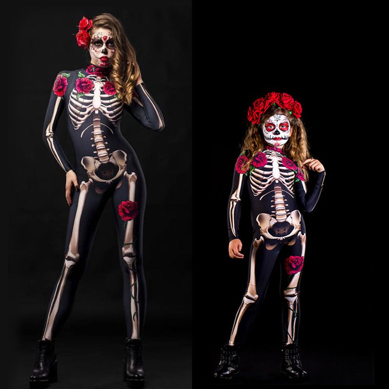 Halloween European and American horror skull rose skeleton jumpsuit cosplay costume children's clothing adult_voghion.com