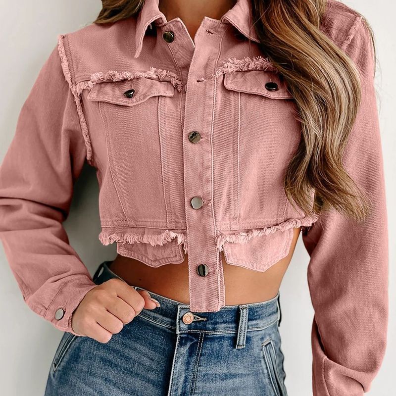 Vêtements pour femmesVeste en jean courte à franges taille haute décontractée à revers pour l'automne et l'hiver_voghion.com