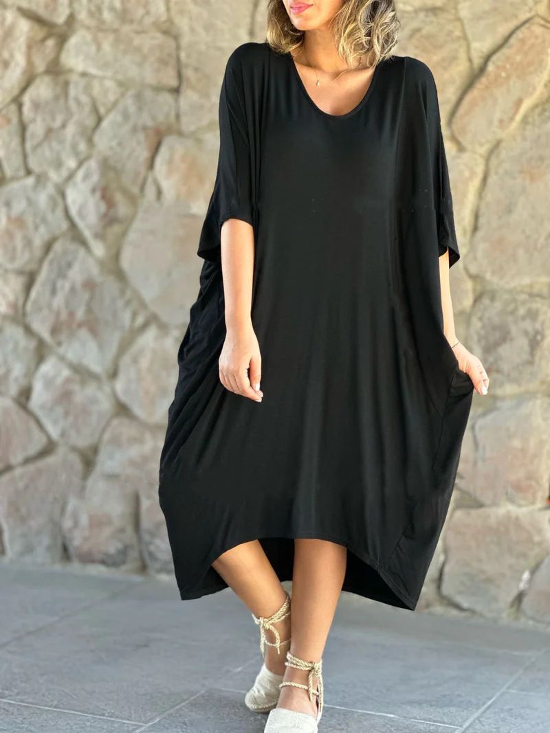 women's clothing new large size solid color dress round neck five-point sleeve casual loose dress_voghion.com