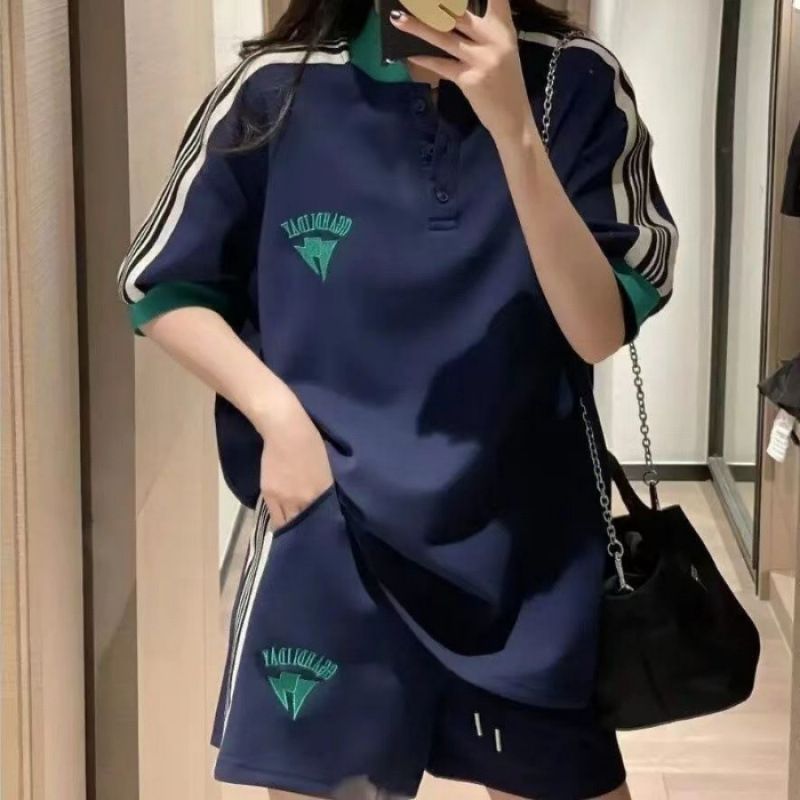 Vêtements pour femmes, ensemble de sport bleu pour femmes, tendance estivale, ample, grande taille, slim, décontracté, deux pièces_voghion.com