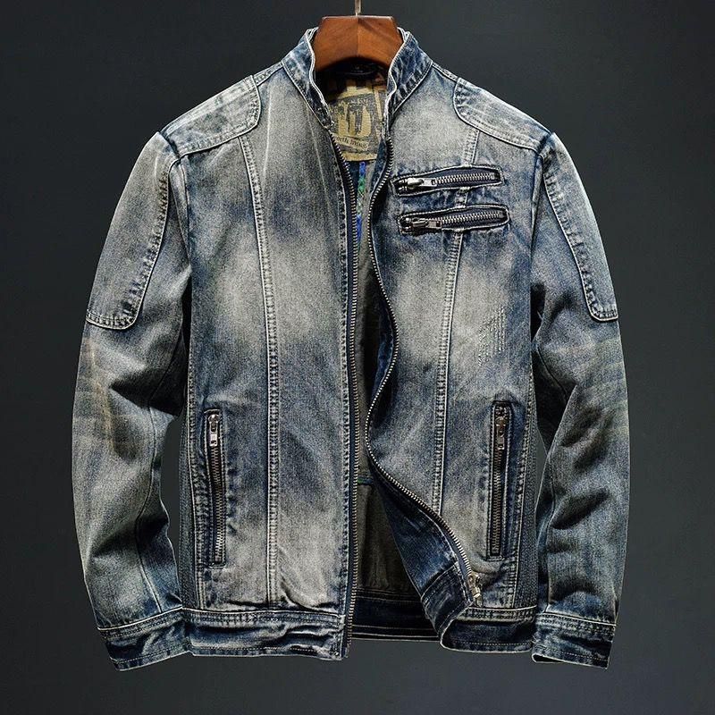 Men's Clothing Light Luxury Motorcycle Denim Jacket Men's Stand Collar Heavy Zipper Jacket_voghion.com