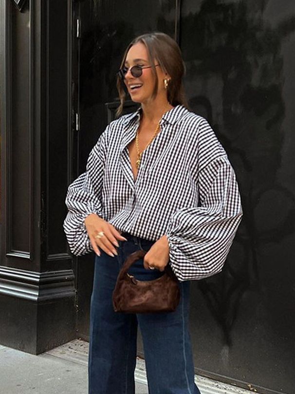 Mumaroho 2023 Autunno Inverno Donna Vintage Camicia a Quadri Oversize Nera Manica Lunga Vestibilità Ampia Camicetta Donna_voghion.com