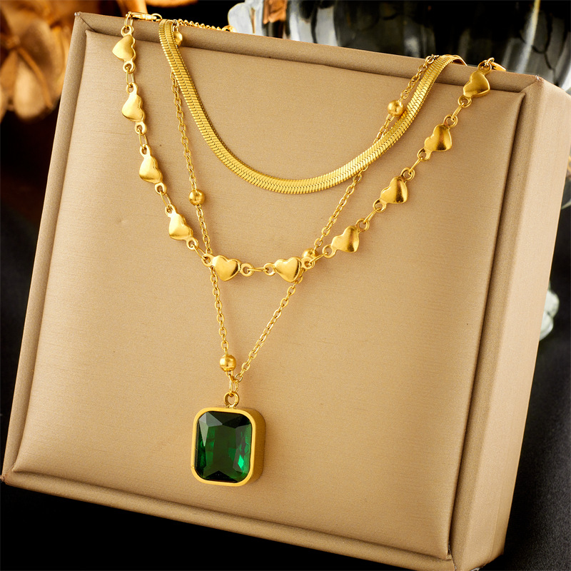 European and American fashion multi-layered mix and match stacked love snake bone chain emerald diamond cube pendant advanced versatile necklace_voghion.com
