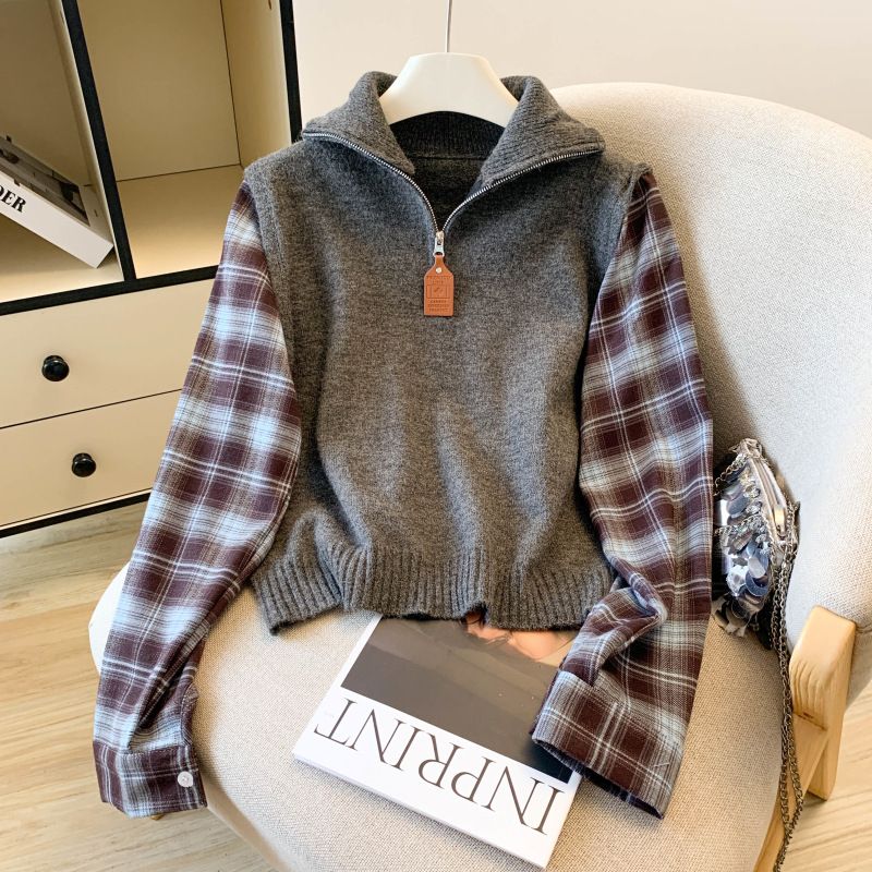 Women's Clothing Sweater Vest High Collar Layered Collar Knit Sweater Vest With Plaid Shirt Sleeves - High Neck Casual Pullover For Autumn Winter_voghion.com