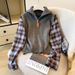 Women's Clothing Sweater Vest High Collar Layered Collar Knit Sweater Vest With Plaid Shirt Sleeves - High Neck Casual Pullover For Autumn Winter_voghion.com