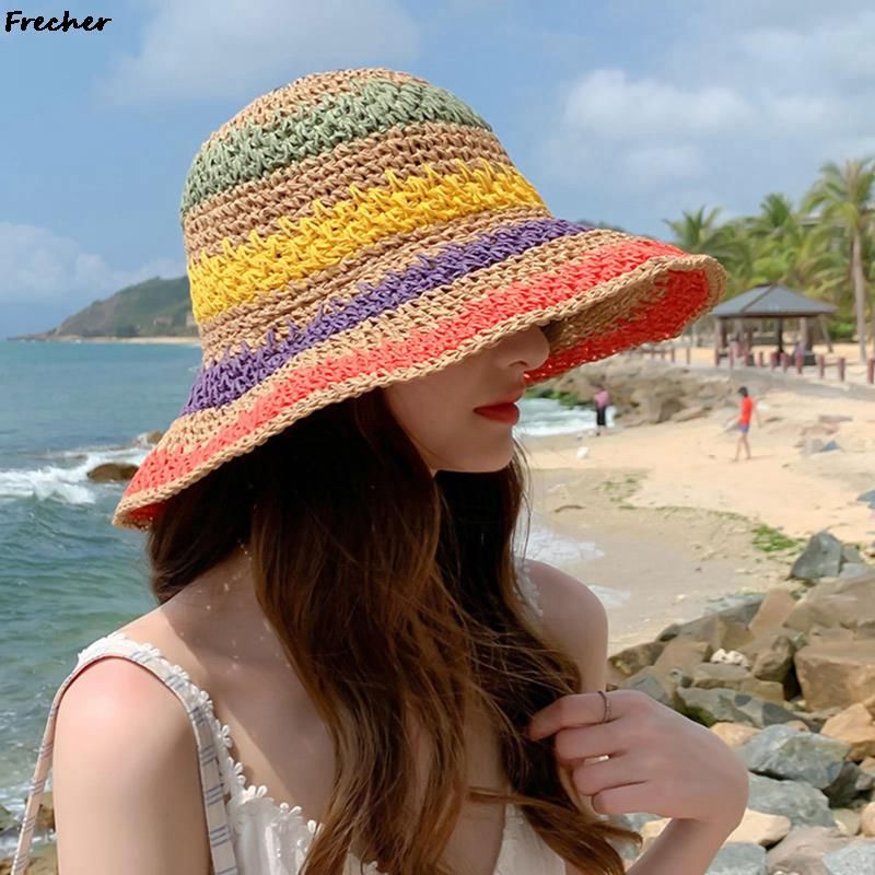 Sıcak Satış Gökkuşağı Tığ İşi Kova Şapka Yaz Kadın Plaj Güneş Şapkaları Tatil Panama Moda Vizörler Gorros Bayan Örgü Floppy 2024_voghion.com