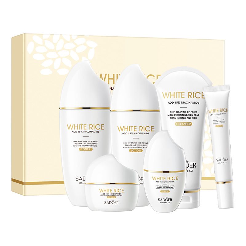 Set completo per la cura della pelle in inglese SADOER con riso bianco, niacinamide, idratante e illuminante_voghion.com