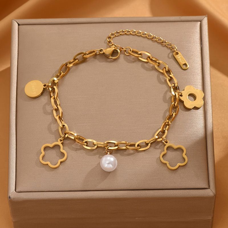 Sweet Simple Style Flower Titanium Steel Pearl Bracelets In Bulk_voghion.com