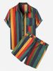 CT Herren Beach Hawaiian Bunt Gestreift Kurzarm Und Shorts Set Zweiteiliges Hemd_voghion.com