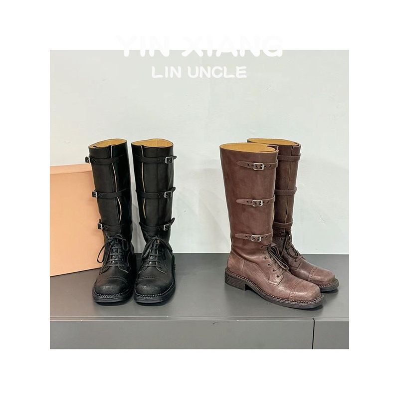 Rindsleder-Version ~ Echtes Leder Interne Höhe erhöhen 7 cm Mode für Frauen Vintage-Stil Ritter Gürtelschnalle lang_voghion.com