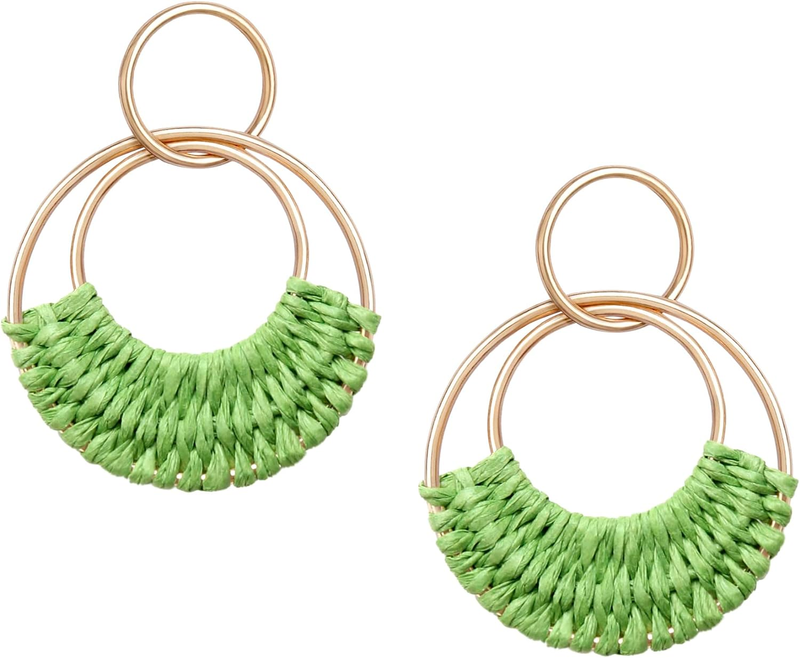 Divertenti orecchini estivi da spiaggia in stile boho, leggeri, fatti a mano, in paglia, vimini e rattan, orecchini pendenti geometrici rotondi_voghion.com