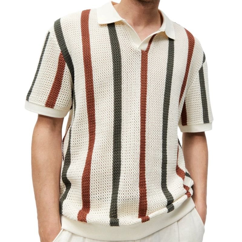 ​Herren-Strickhemd mit Möwenkragen – Atmungsaktives Mesh-Poloshirt mit Streifen- und V-Ausschnitt-Design – Leichtes, lässiges Sommeroberteil – Größen S-XXL​_voghion.com