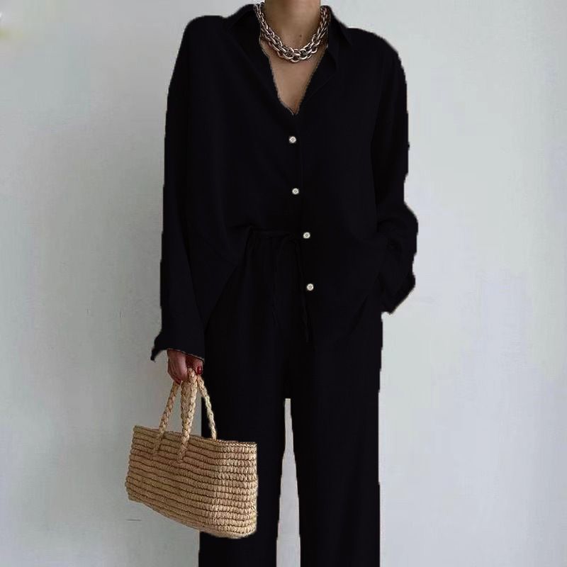 Women's Clothing Fashion Women's Solid Color Suit Temperament Long Sleeved Top Straight Pants Two Piece Suit_voghion.com