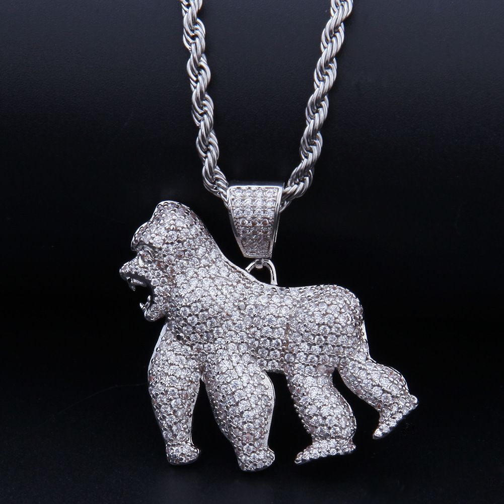 Collana con ciondolo Gorilla Hip Hop – Design Roaring King Kong in zircone placcato oro 14K per uomo_voghion.com