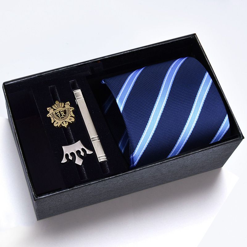 Gift Box Set】Men's 8cm Formal Business Brooch Tie Clip Five-Piece Set Professional Blue And White Striped_voghion.com