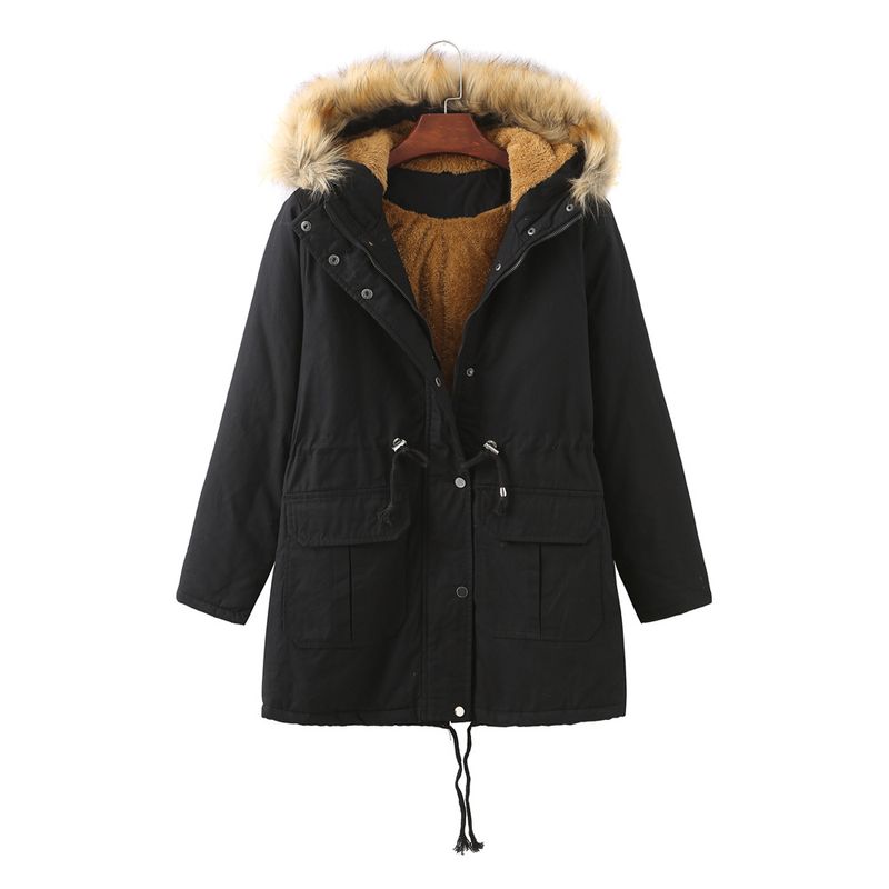 Giacca imbottita da donna con collo in lana con cappuccio e giacca imbottita in pile in autunno e inverno_voghion.com