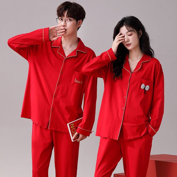 Autumn for women, big red, festive long sleeved, pure cotton, all cotton couple sleepwear set, getting married in the_voghion.com