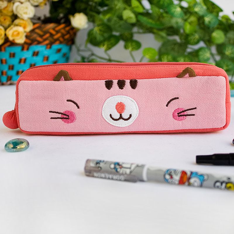 [Pinky Kitten] Embroidered Applique Pencil Pouch Bag / Cosmetic Bag / Carrying Case (7.3*1.8*1.9)_voghion.com