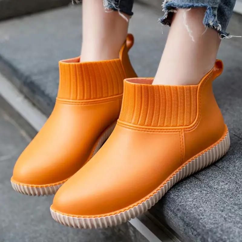 Women's Non-slip Solid Color Flat Rain Boots Waterproof Slip On Rubber Shoes Outdoor Working Shoes_voghion.com