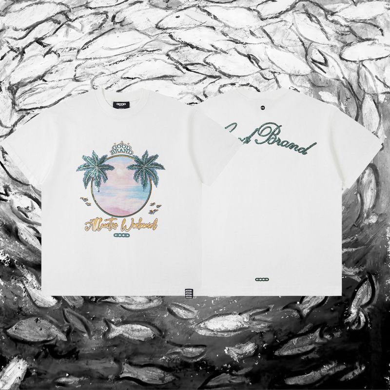 High Version GOODBRAND Mossy Earth 3D Island Coconut Grove Sequin Embroidery National Trend Unisex Short Sleeve T-Shirt_voghion.com