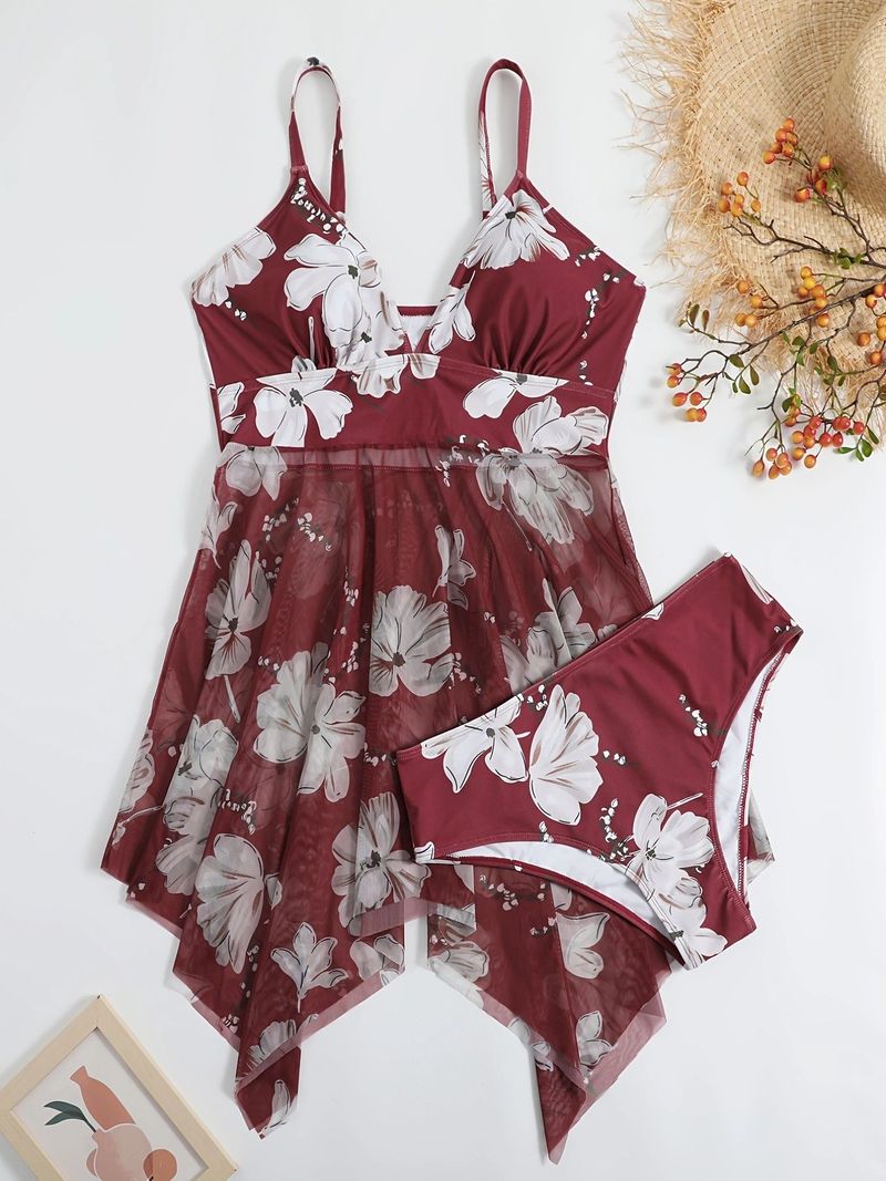 Plus Size Floral Cover-Up Dress - Women's Sexy Beach Swimsuit Cover (Adjustable Straps Flowy Skirt Tummy Control UPF 50+ Resort & Poolside)​_voghion.com
