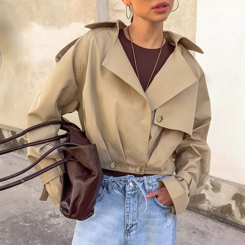 ​​Women's Khaki Double-Breasted Trench Coat With Notched Lapel – Casual Blazer Jacket For Fall, Comfortable & Stylish​​_voghion.com