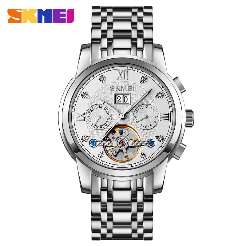 Orologio meccanico completamente automatico da uomo, con cinturino in acciaio inossidabile, fibbia pieghevole singola, fondo cavo, moda casual, luce notturna, Time Beauty_voghion.com