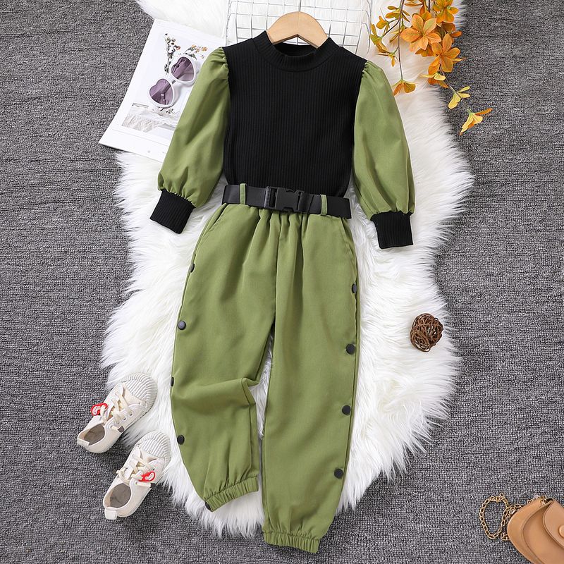 Children's Suit Autumn Tooling Long Sleeve Suit Color Matching Pit Strip Top + Pants Suit Belt_voghion.com