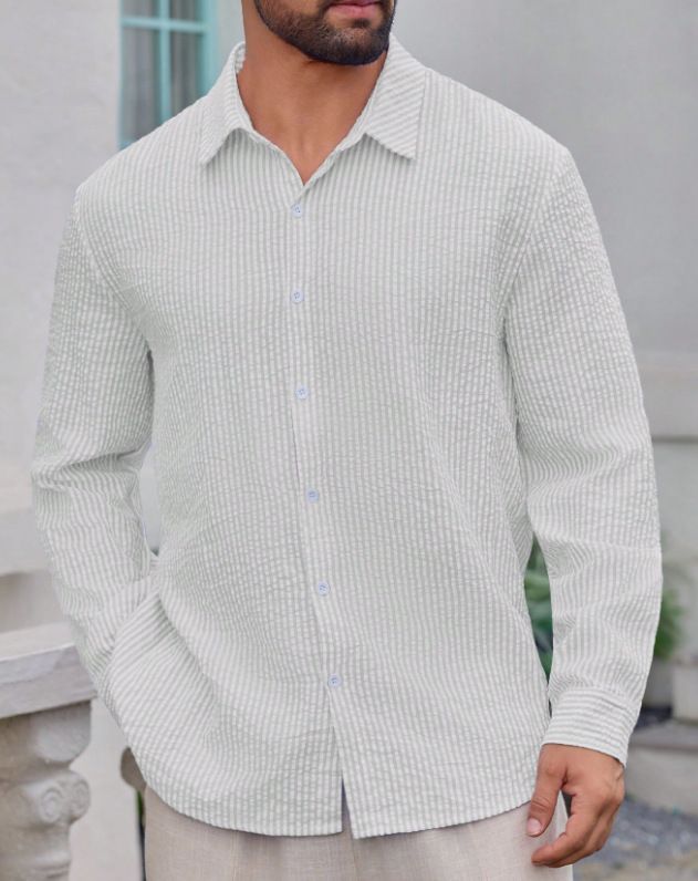 Herren Casual Gestreiftes Langarmhemd – Loose Fit Streetwear Button-Up (Weiß/Schwarz/Blau, S-XXL_voghion.com