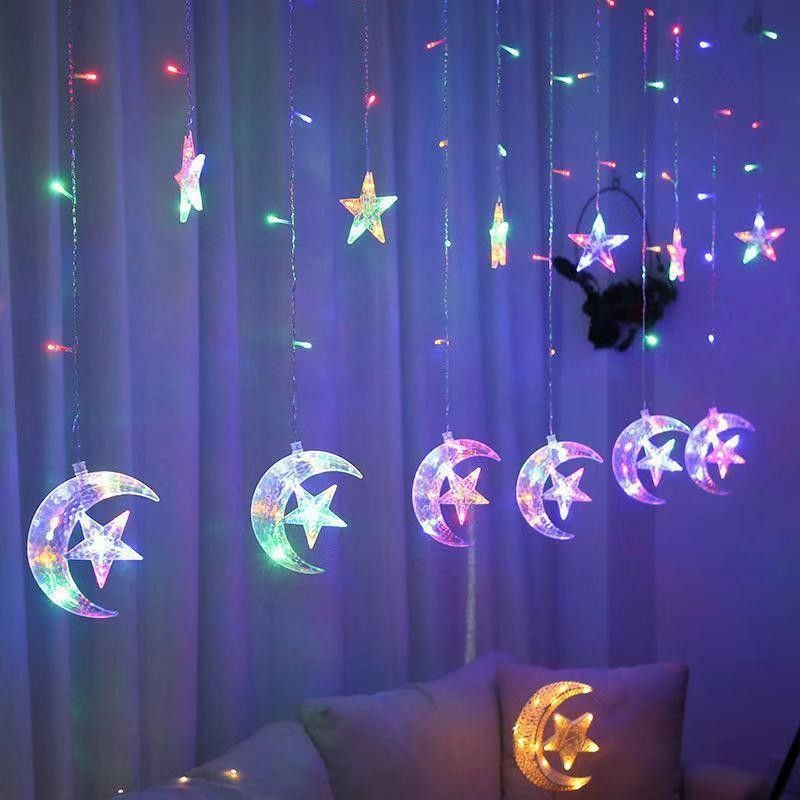 Moon & Stars LED Curtain Lights, Warm White & Multicolor, USB/Battery/Solar Powered, For Bedroom/Christmas/Wedding/Party Decor_voghion.com