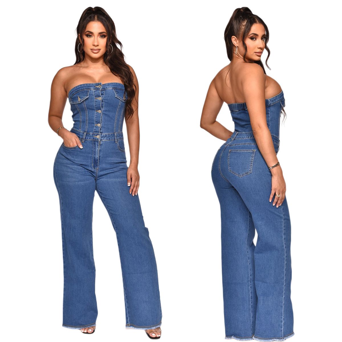 Combinaison jean micro-évasée sans bretelles pour femmes, asymétrique épaule dénudée, amincissante, à la mode_voghion.com