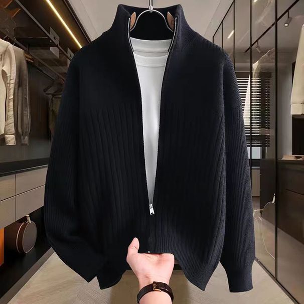 Cardigan masculino de malha com gola alta e zíper - Pulôver casual listrado e liso para outono e inverno_voghion.com