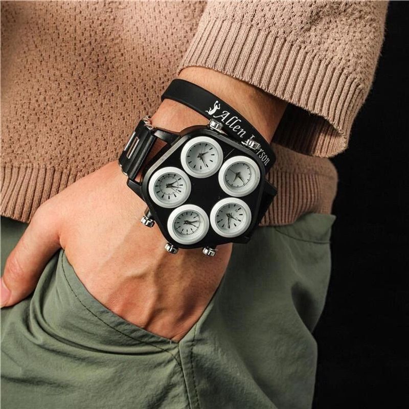 Hip-Hop Punk Large Dial Men's Multi-Functional Personality Eyes Five Time Zones Quartz Watch_voghion.com