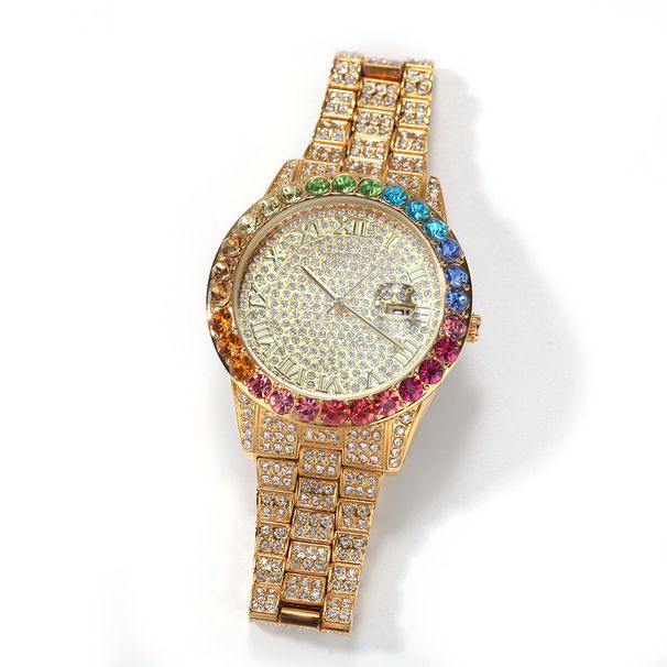 Casual Simple Watch Hip Hop Diamond Rainbow Gradient Calendar Quartz Watch_voghion.com