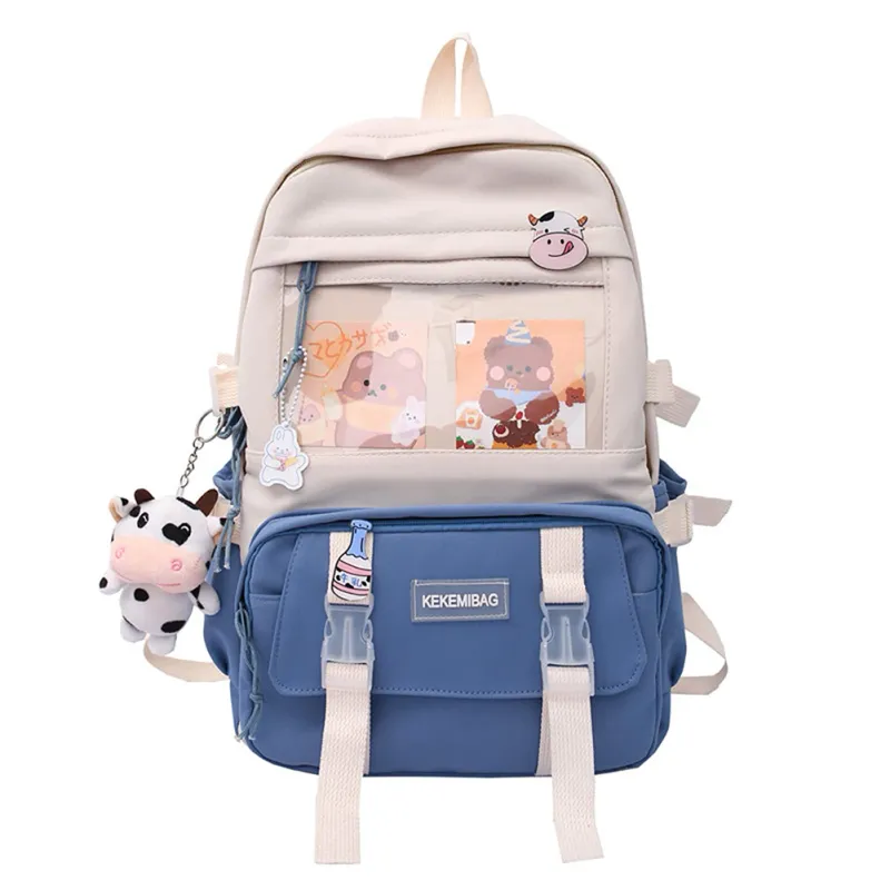 Students Preppy Style Contrast Color Backpack Women Canvas Knapsack With Pendant_voghion.com
