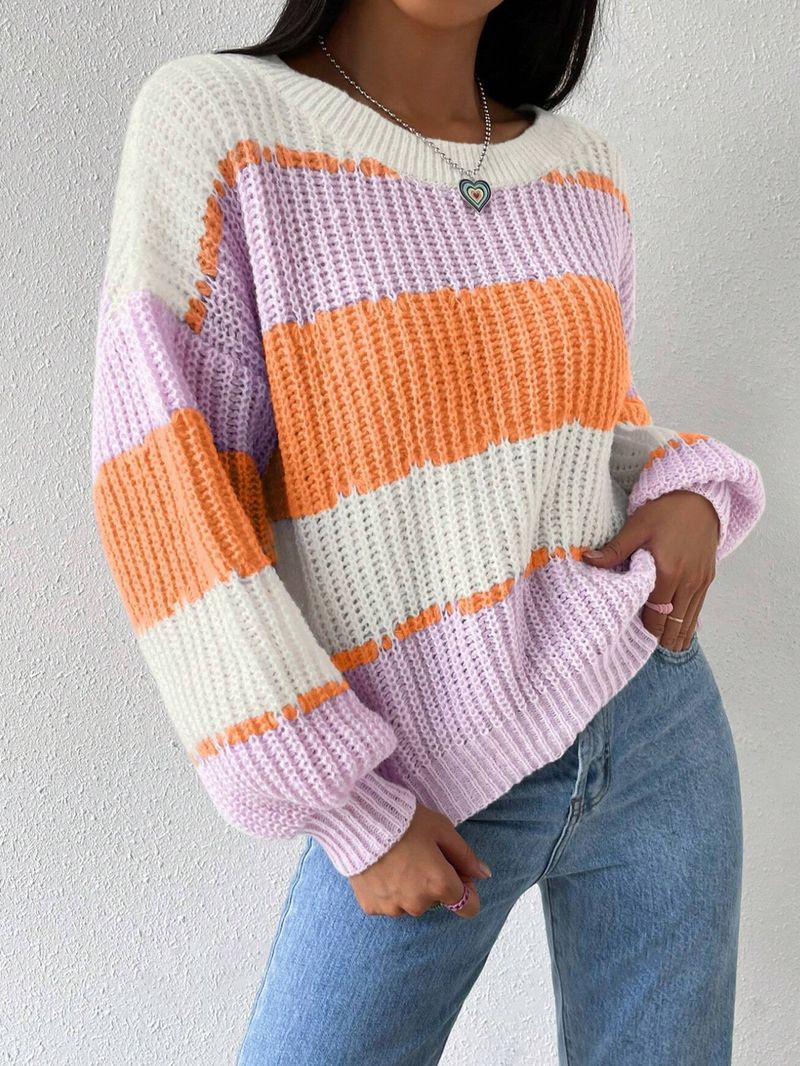 Damenbekleidung Herbst und Winter Langarmpullover Pullover Kontrastfarbe Lässig Lose Lazy Style Strickoberteile Für Damen_voghion.com