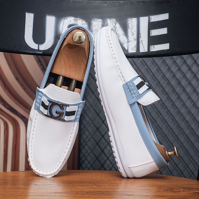 2025 Summer Men's Trendy Casual Bean White Leather Soft Bottom Comfortable Fashion Versatile One Step Shoes 77A1_voghion.com