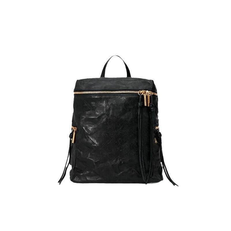 Unisex Black Stone Folding Soft Leather Backpack Portable Large Capacity Backpacks_voghion.com