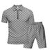 Herren Schweres, lockeres, lässiges, einfaches Poloshirt mit Schachbrettmuster und Reißverschluss, kurzärmelig, Shorts-Set_voghion.com