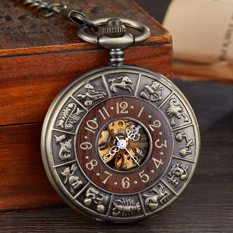 Massivholz Mechanische Taschenuhr FOB Kette Medaillon Zifferblatt Hohl Steampunk Skelett Männer Frauen Herren Männlichen Uhr Uhren Box_voghion.com