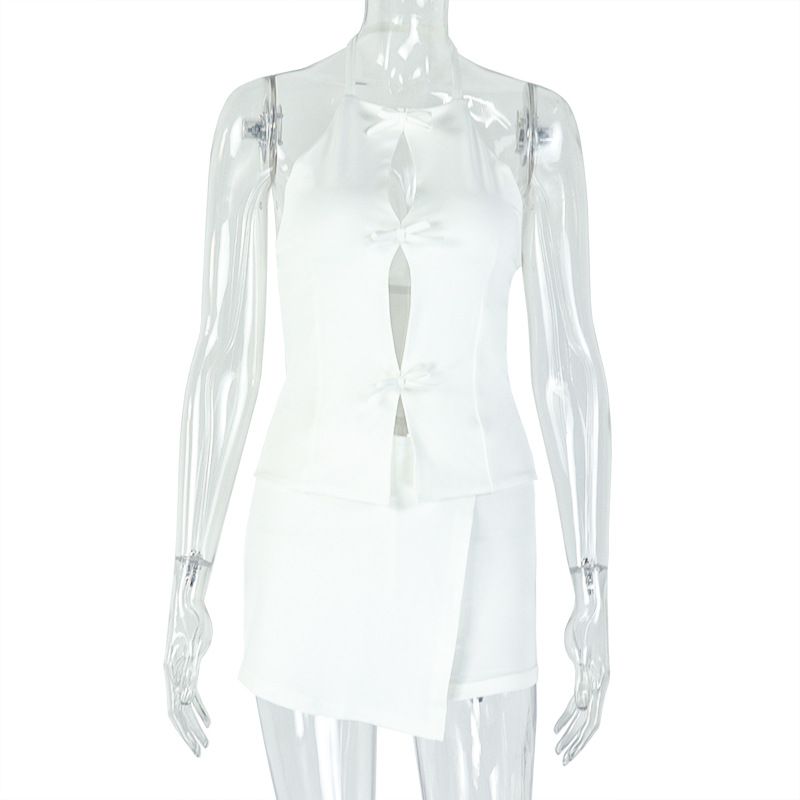 Women's Clothing Temperament Women's Clothing New Summer Solid Color Hollow Pleated Hip Skirt Two Piece Suit Female Party_voghion.com