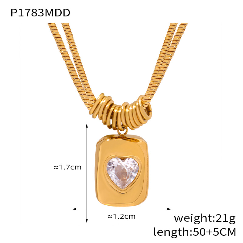 Retro geometric peach heart love pendant clavicle chain light luxury double layer snake bone chain titanium steel necklace_voghion.com