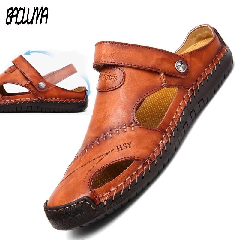 Summer Men's Leather Classic Roman Slipper Soft Outdoor Sneakers Beach Rubber Men Trekking Sandals_voghion.com