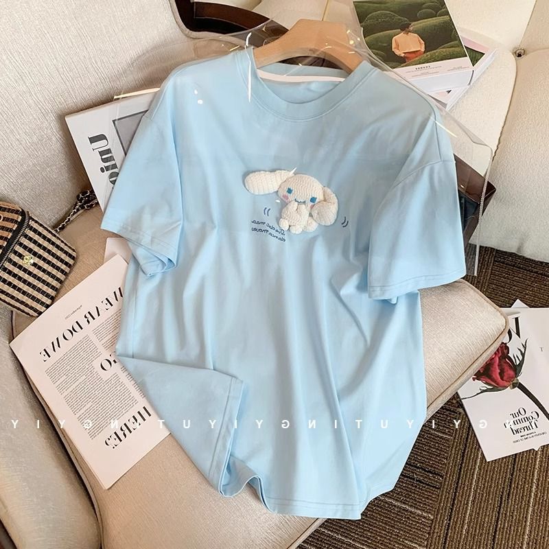 Women's withdrawal light blue cute cinnamon dog short-sleeved T-shirt female summer design Hong Kong style top_voghion.com