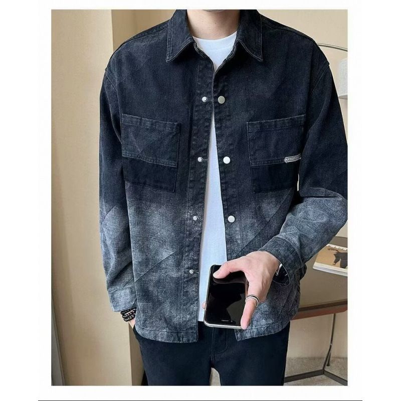 Men's Style Gradient Denim Jacket - Slim Fit Casual Shirt Collar Coat For Spring & Autumn_voghion.com